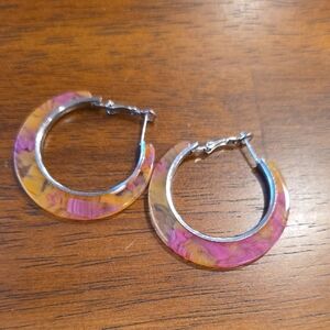 Pink and Yellow Resin Hoop Earrings - Women's Jewelry
